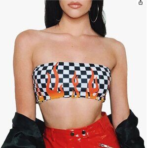 Women Black and White Plaid Sexy Strapless Tube Top